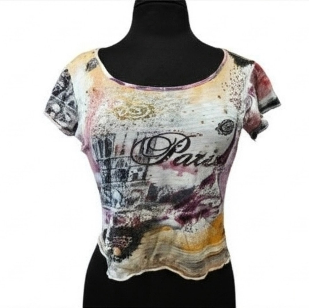 Y2K Paris Baddie Vintage PS Bling Distressed Crop Short Sleeve Tee
